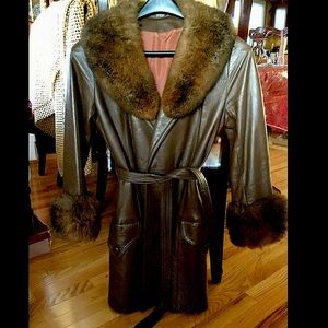 Vintage Penny Lane Coat LEATHER Wrap Real FUR Collar & Sleeve Cuffs Brown S/M